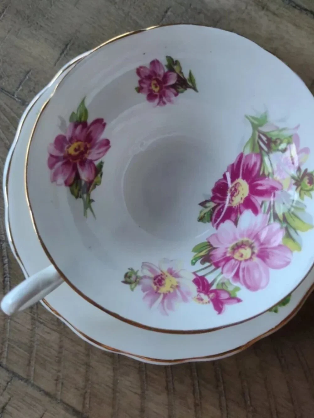 Vintage Crownford Teacup & Saucer Pink-Yellow Flowers + Gilt Scalloped Edges